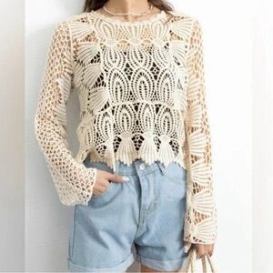 Rebellion Again BOHO Crochet Crop Top Long Sleeve Ivory Cottagecore Beachy Sz XS